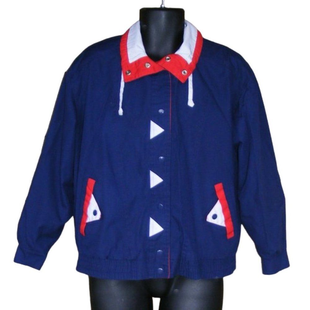 Vintage Windbreaker, S, Nautical, Snap front, Navy/White/Red, Pockets, Long slv